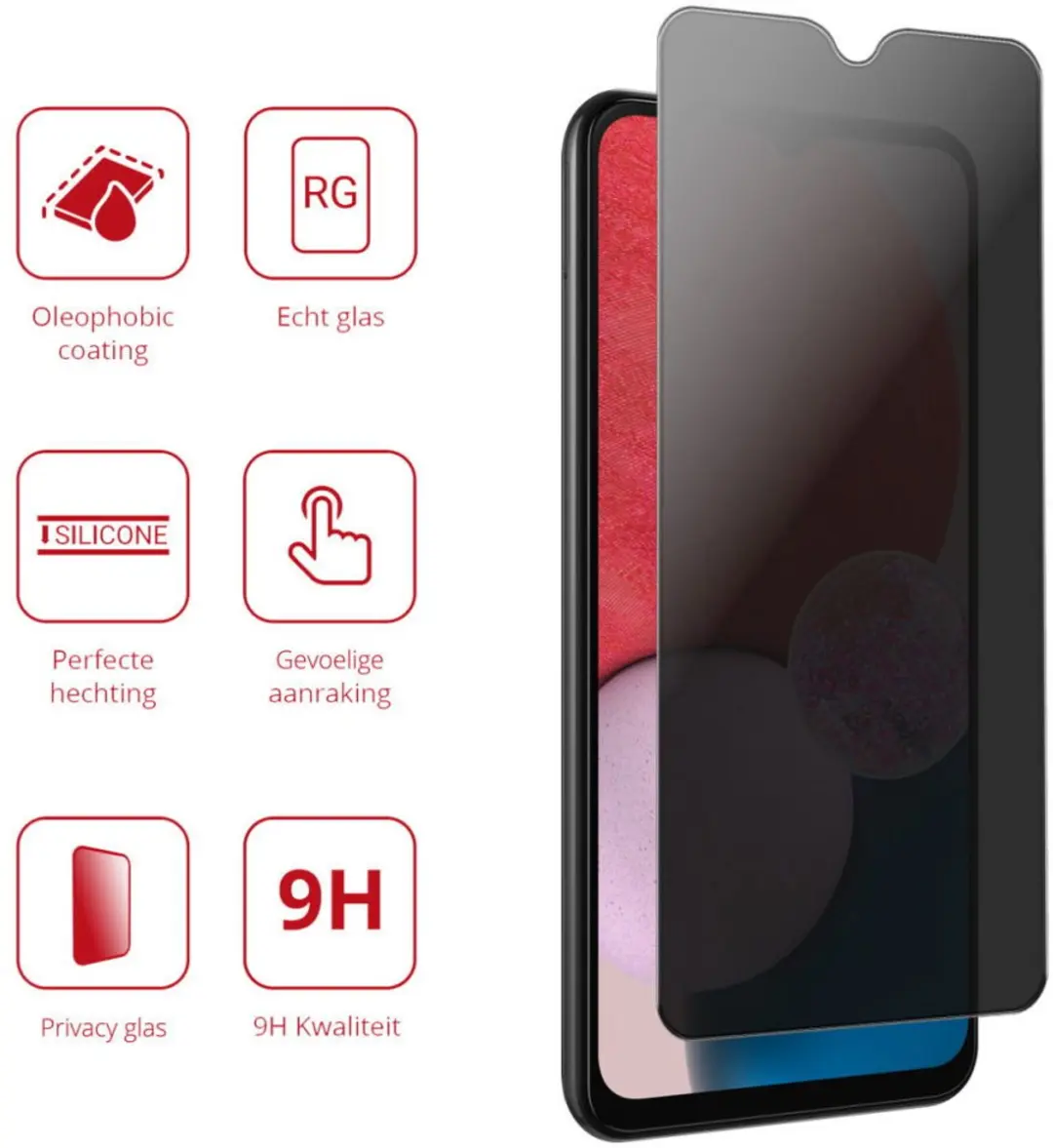 Rosso Privacy Screen Protector Samsung Galaxy A13 4G - 9H Glas - afbeelding 2 van 5