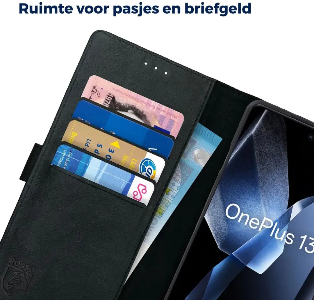 Rosso Deluxe Echt Leer Hoesje OnePlus 13 - 3 Pasjes - Zwart
