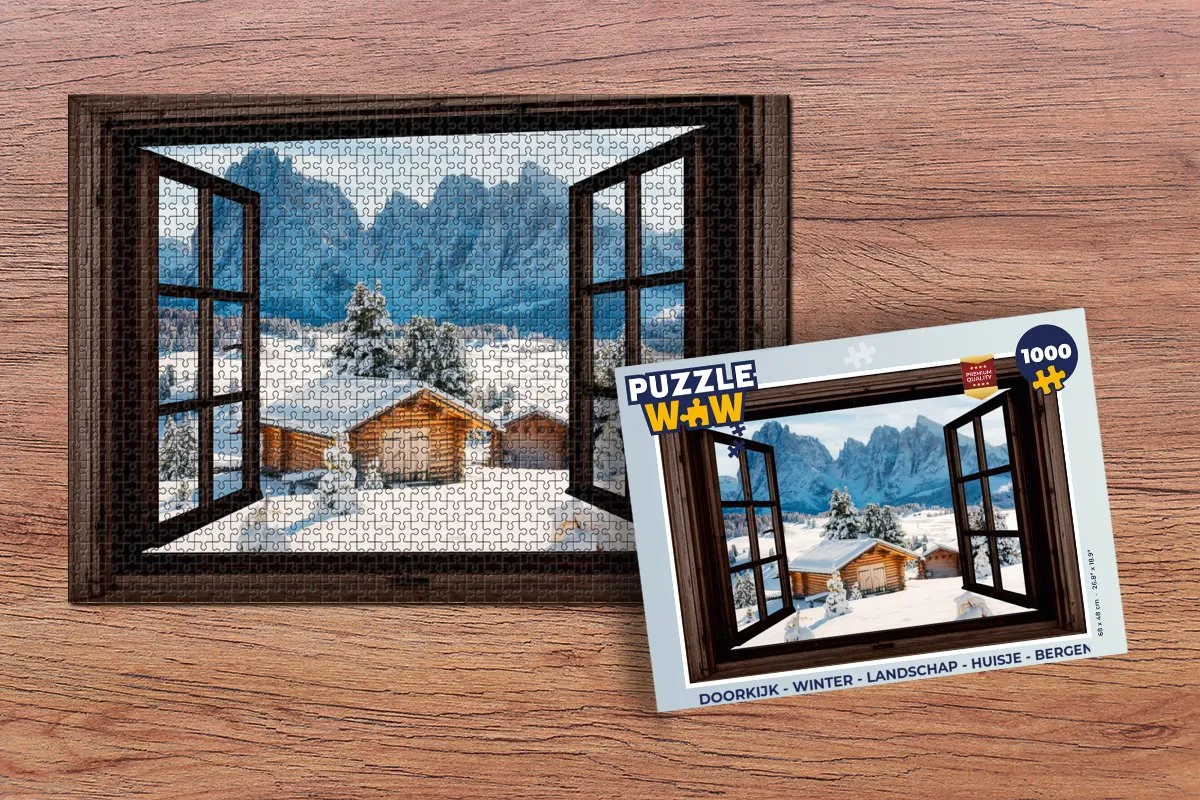PuzzleWow Doorkijk Winter Landschap Huisje Bergen Legpuzzel 1000 Stuks