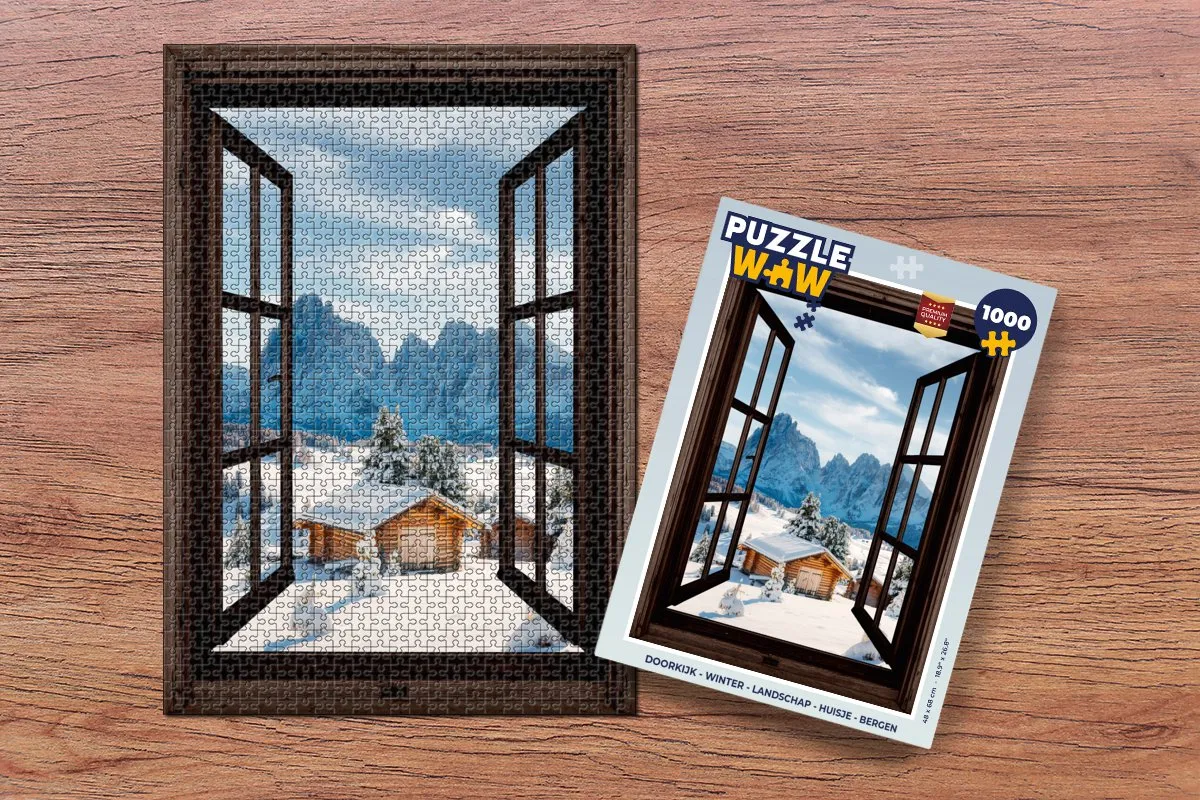 PuzzleWow Doorkijk Winter Landschap Huisje Bergen Legpuzzel 1000 Stuks