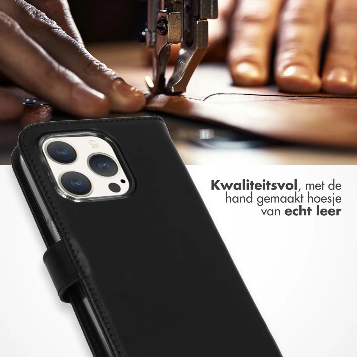 Selencia Hoesje iPhone 15 Pro - Echt Lederen Bookcase - 3 Pasjes - Zwart