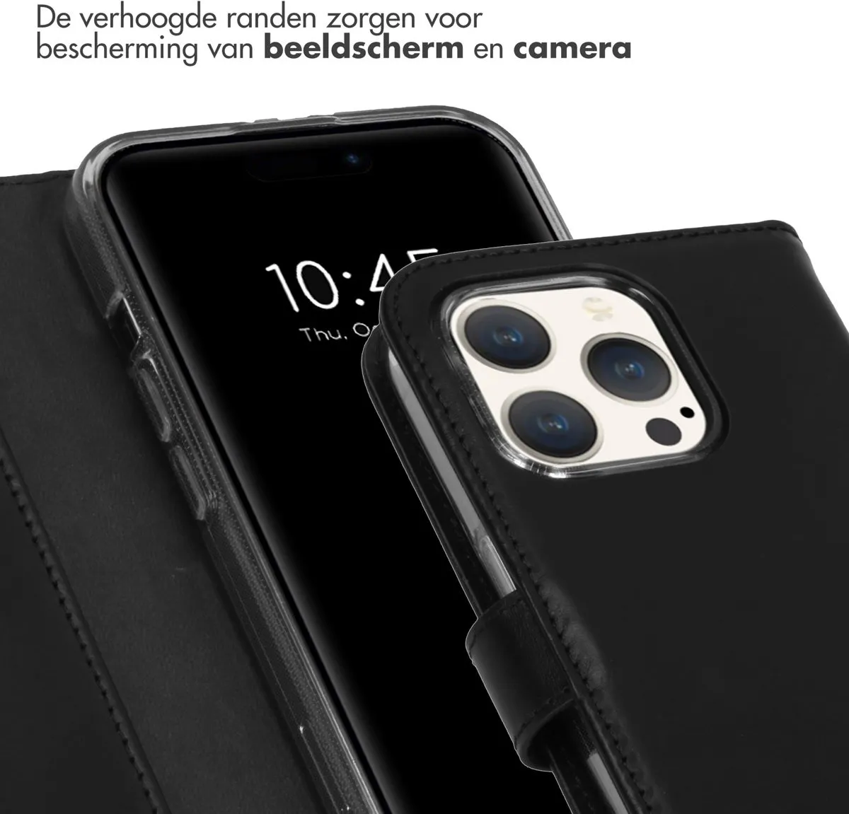 Selencia Hoesje iPhone 15 Pro - Echt Lederen Bookcase - 3 Pasjes - Zwart