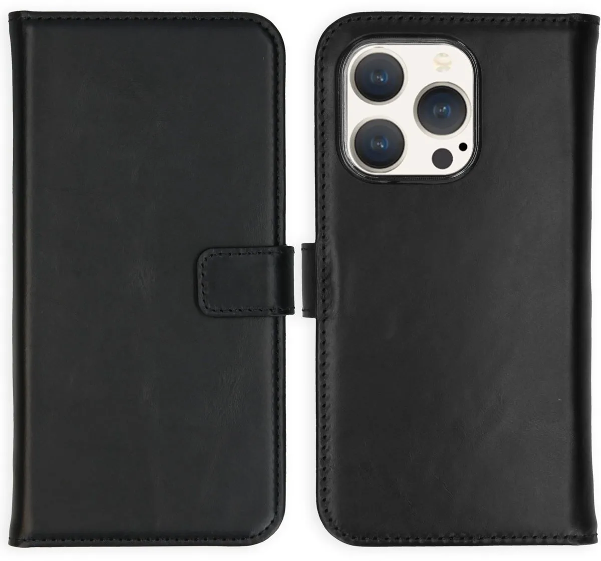 Selencia Hoesje iPhone 15 Pro - Echt Lederen Bookcase - 3 Pasjes - Zwart