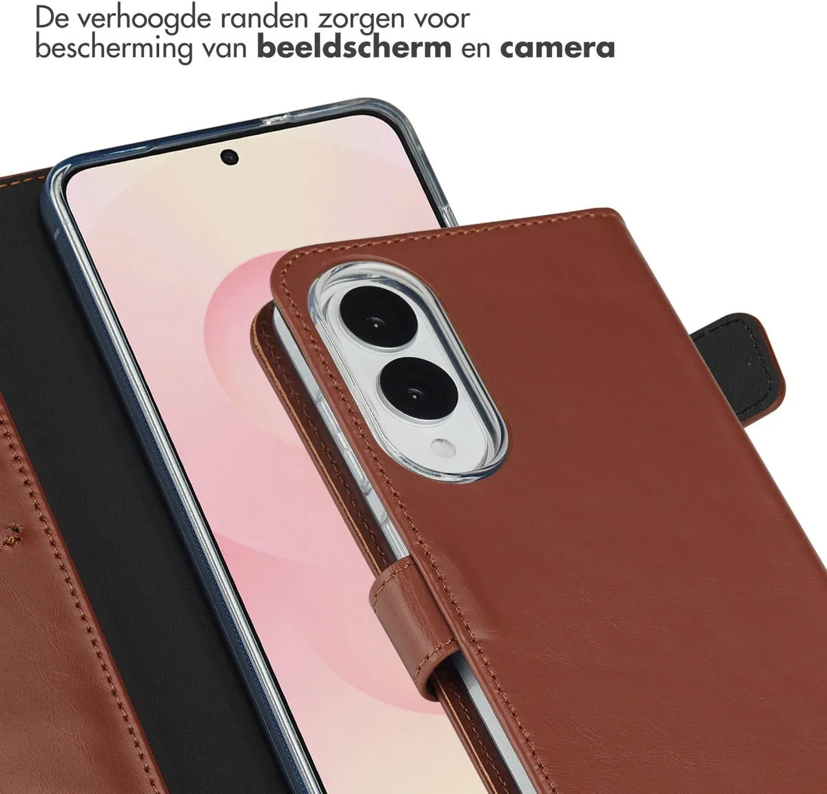 Selencia Hoesje Samsung Galaxy S25 Edge - Echt Lederen Bookcase Lichtbruin