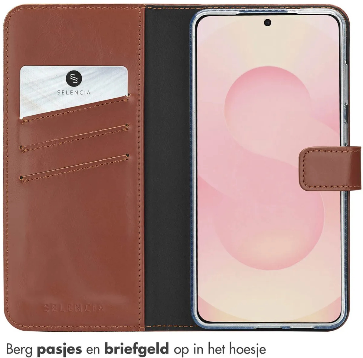 Selencia Hoesje Samsung Galaxy S25 Edge - Echt Lederen Bookcase Lichtbruin