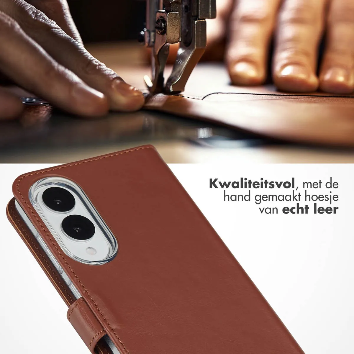 Selencia Hoesje Samsung Galaxy S25 Edge - Echt Lederen Bookcase Lichtbruin