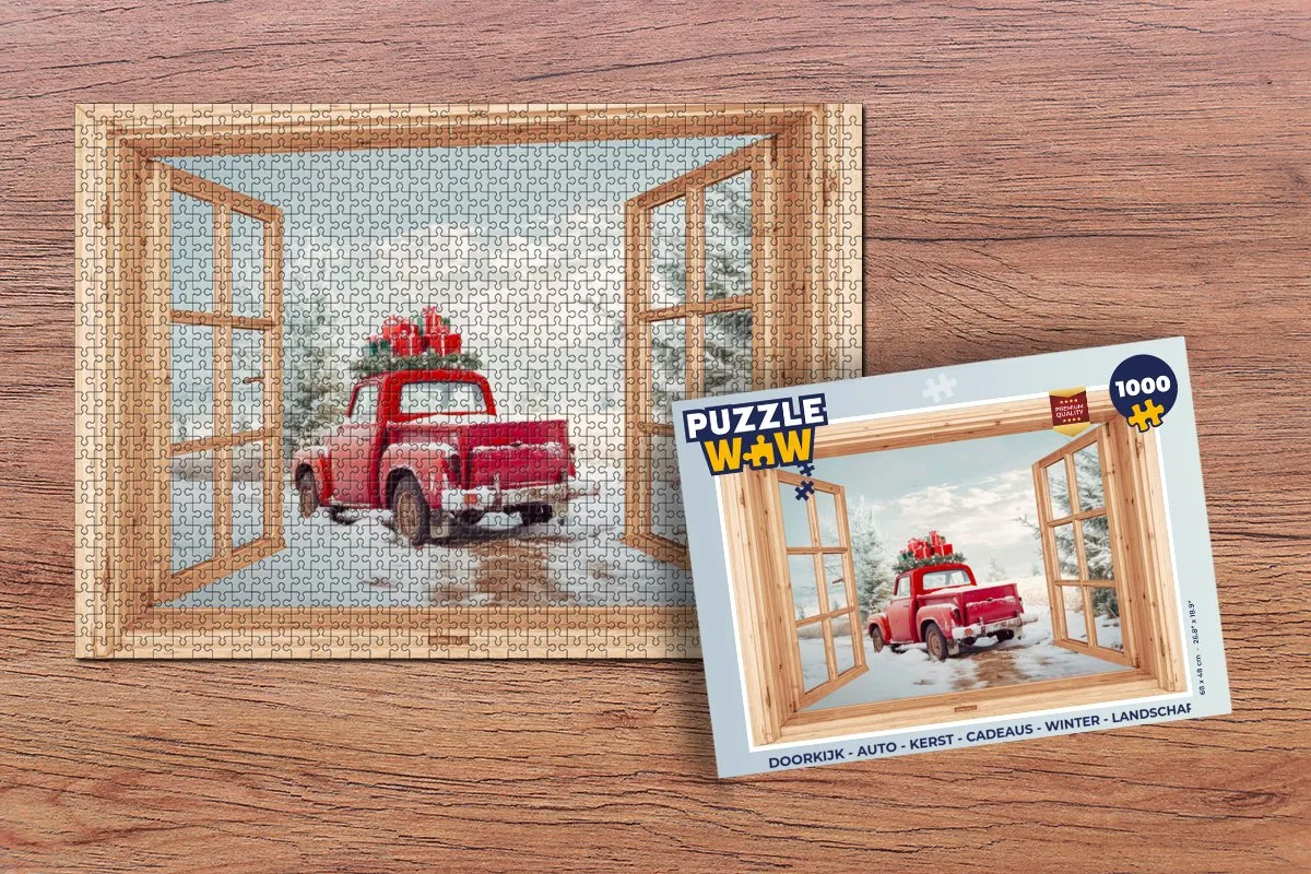PuzzleWow Doorkijk Auto Kerst Landschap Legpuzzel 1000 Stuks