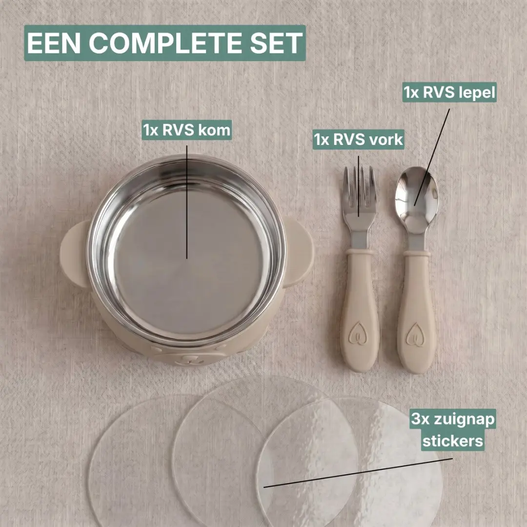 Broemba RVS Baby Bord met Zuignap & Bestek - Kommetje met Lepel en Vork - afbeelding 6 van 6