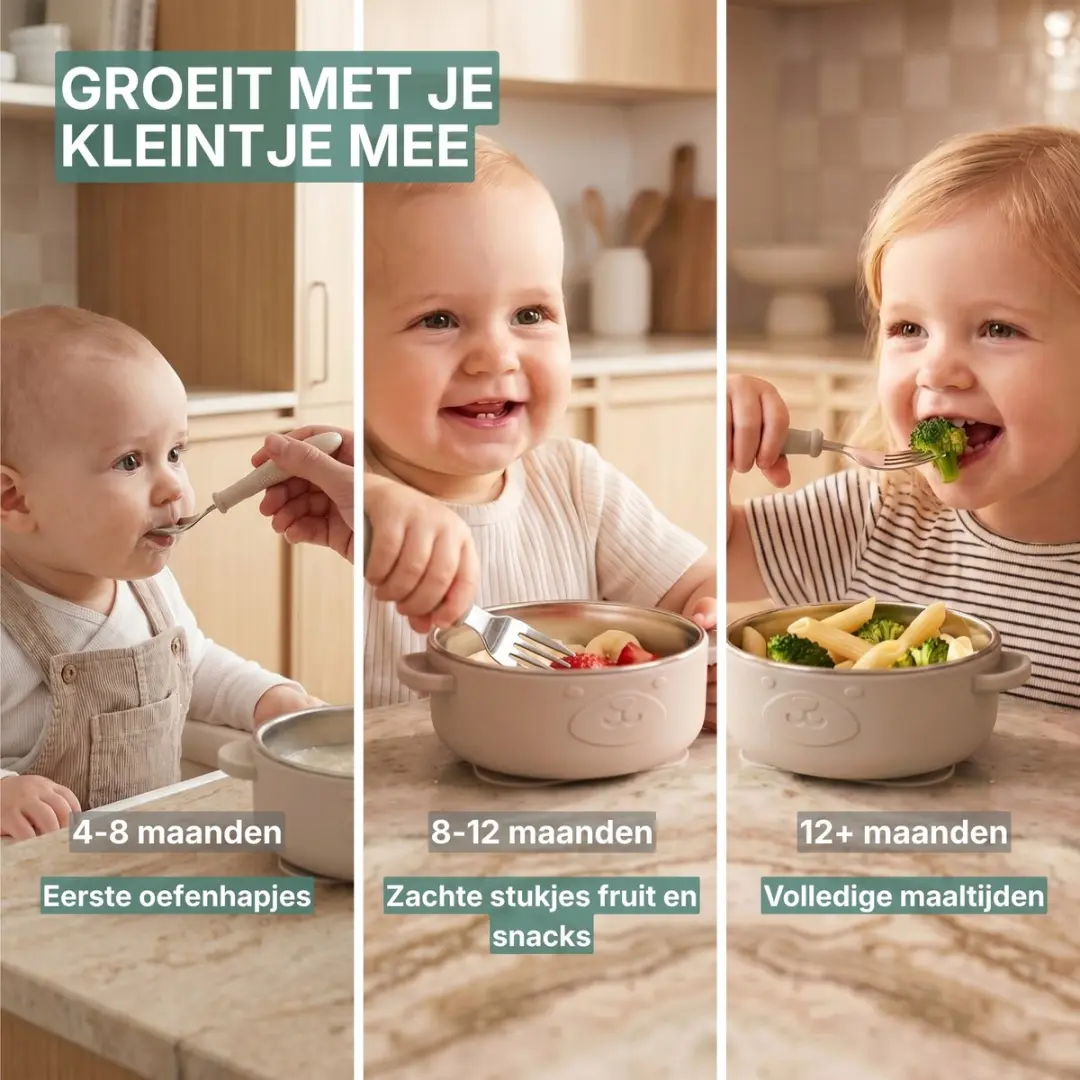 Broemba RVS Baby Bord met Zuignap & Bestek - Kommetje met Lepel en Vork