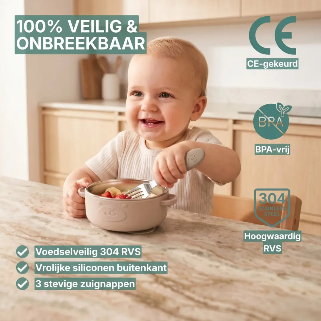 Broemba RVS Baby Bord met Zuignap & Bestek - Kommetje met Lepel en Vork