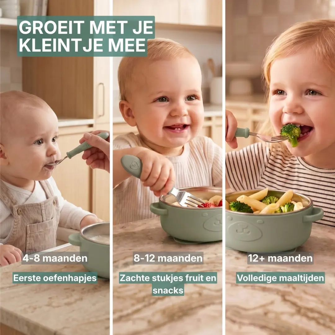Broemba RVS Baby Bord met Zuignap & Bestek - Groen