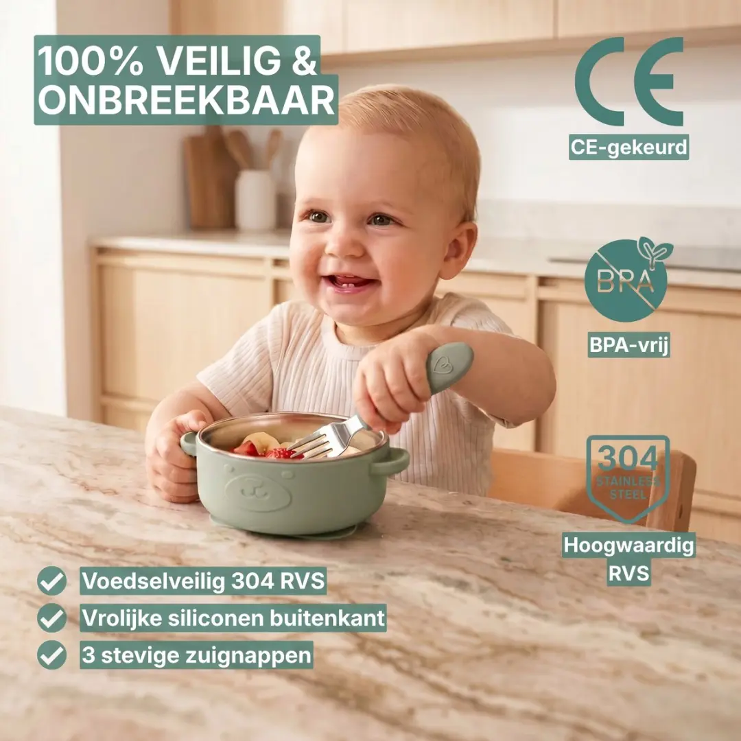 Broemba RVS Baby Bord met Zuignap & Bestek - Groen