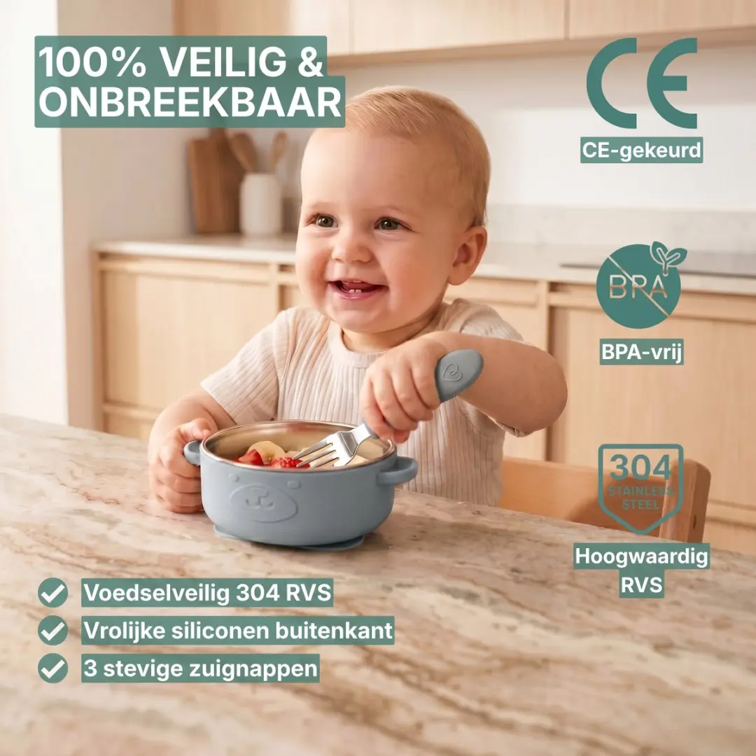 Broemba RVS Baby Bord met Zuignap & Bestek - Blauw