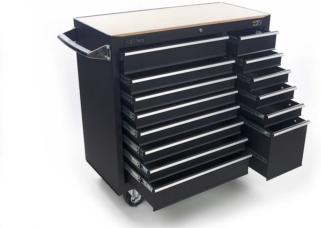 HBM gereedschapswagen 14 laden 100 cm zwart met slot, werkblad en 453 kg draagve
