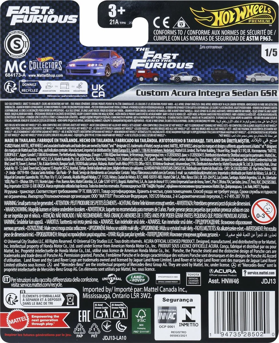 Hot Wheels Fast & Furious Acura Integra GSR JDJ13 - Blauw