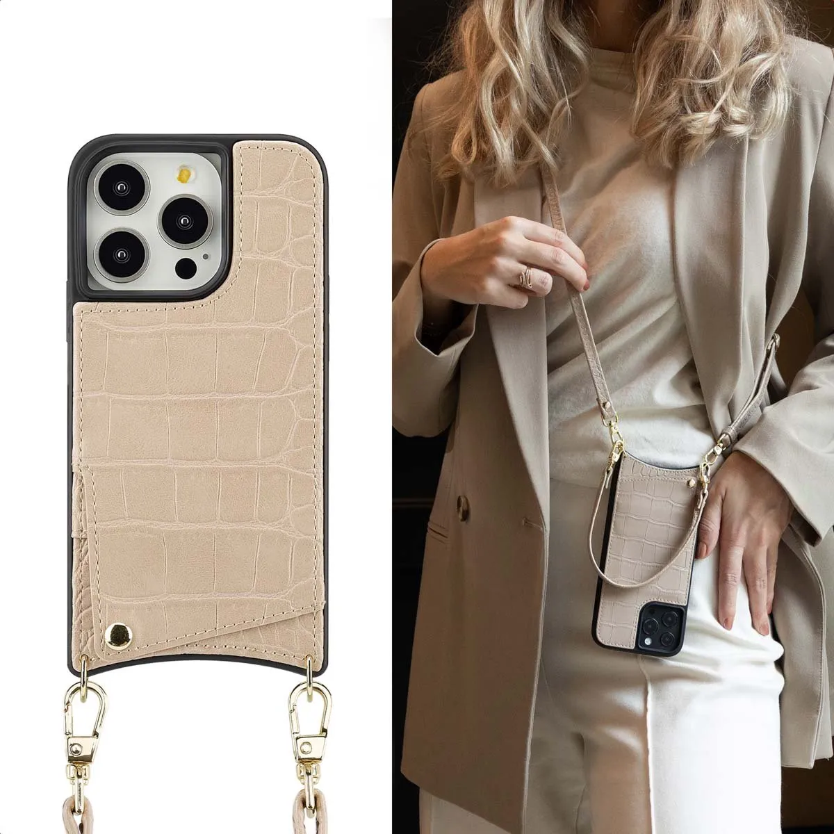 Selencia Hoesje iPhone 14 Pro Croco Beige - 2 Pasjes