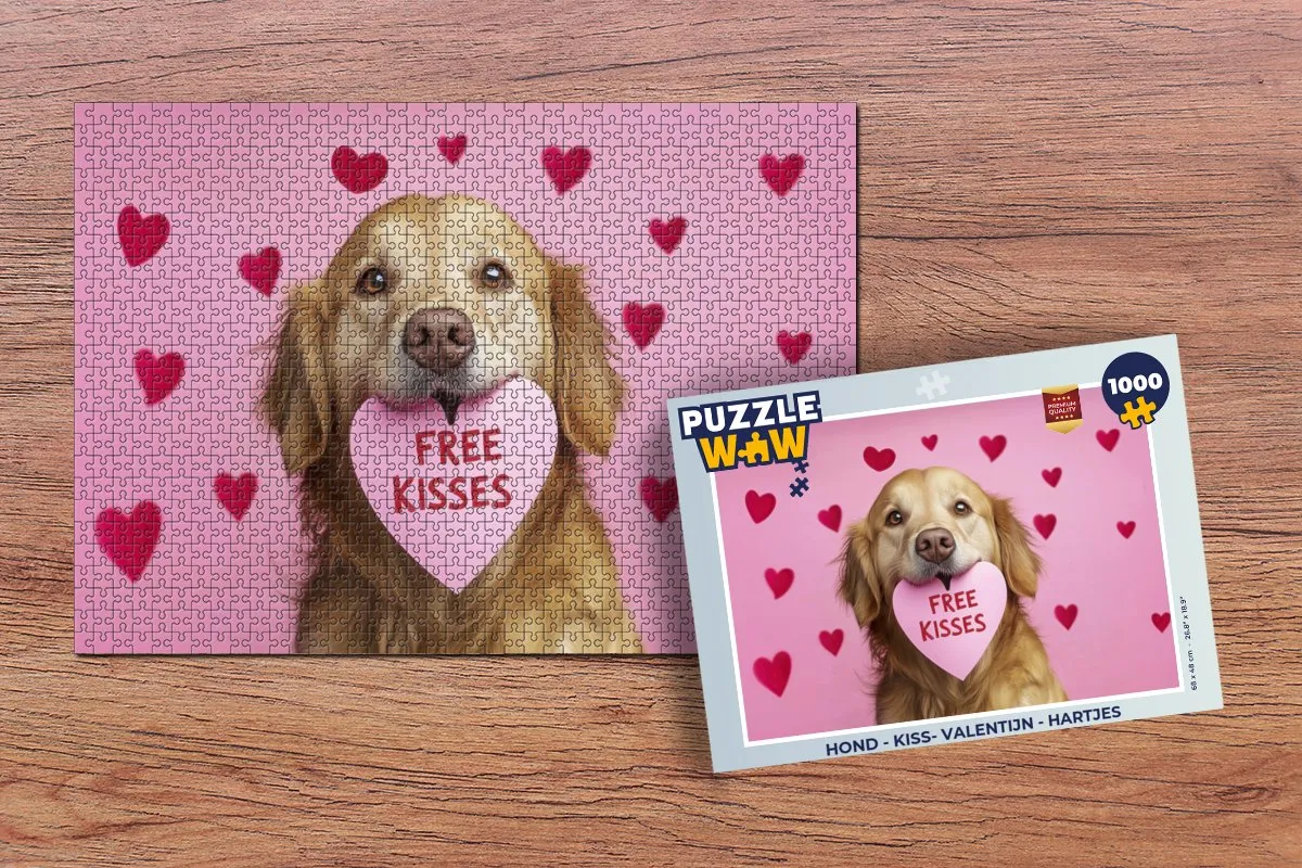 PuzzleWow Kiss Valentijn Legpuzzel 1000 Stuks - Hond Roze