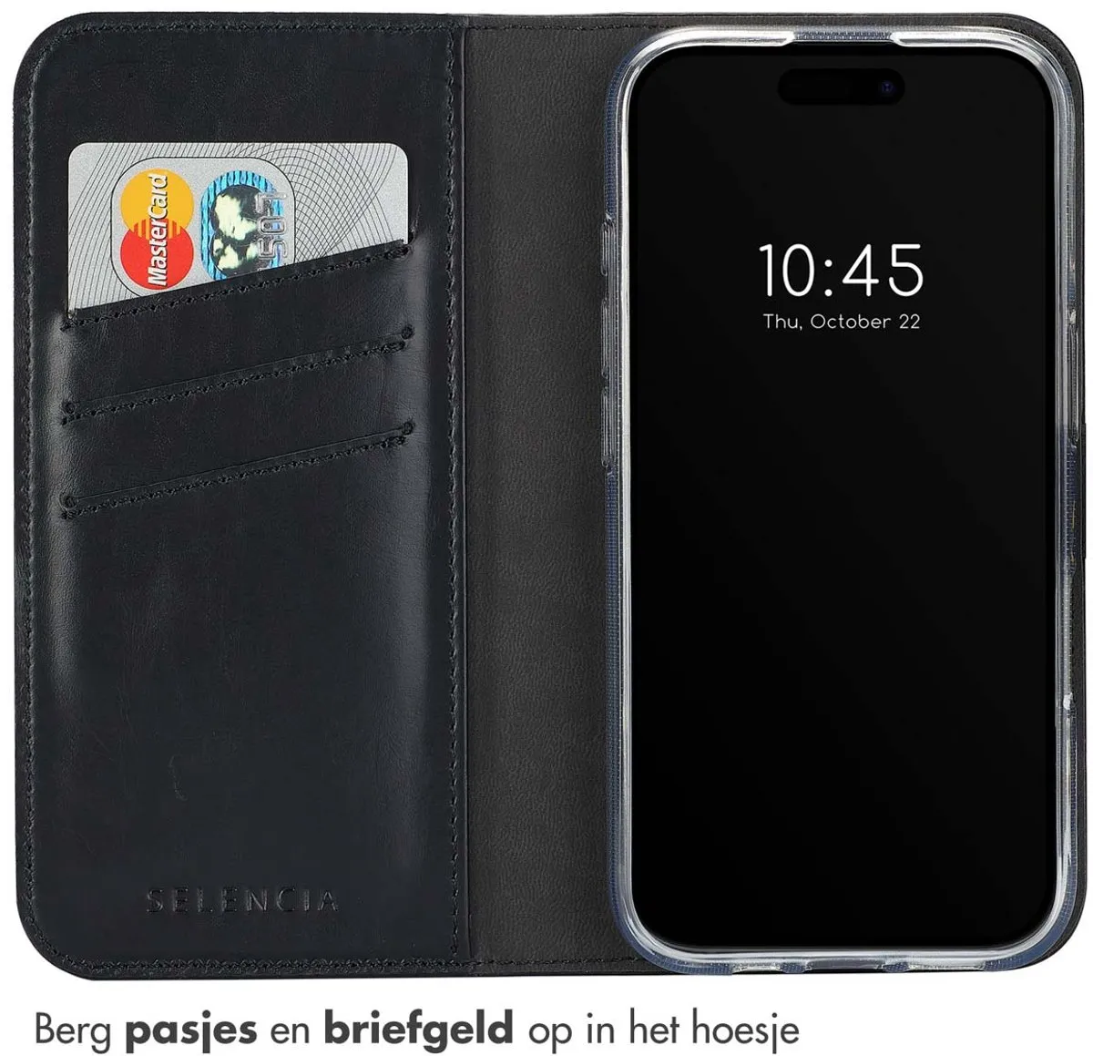 Selencia Hoesje iPhone 16 Plus - Echt Lederen Bookcase 3 Pasjes - Zwart