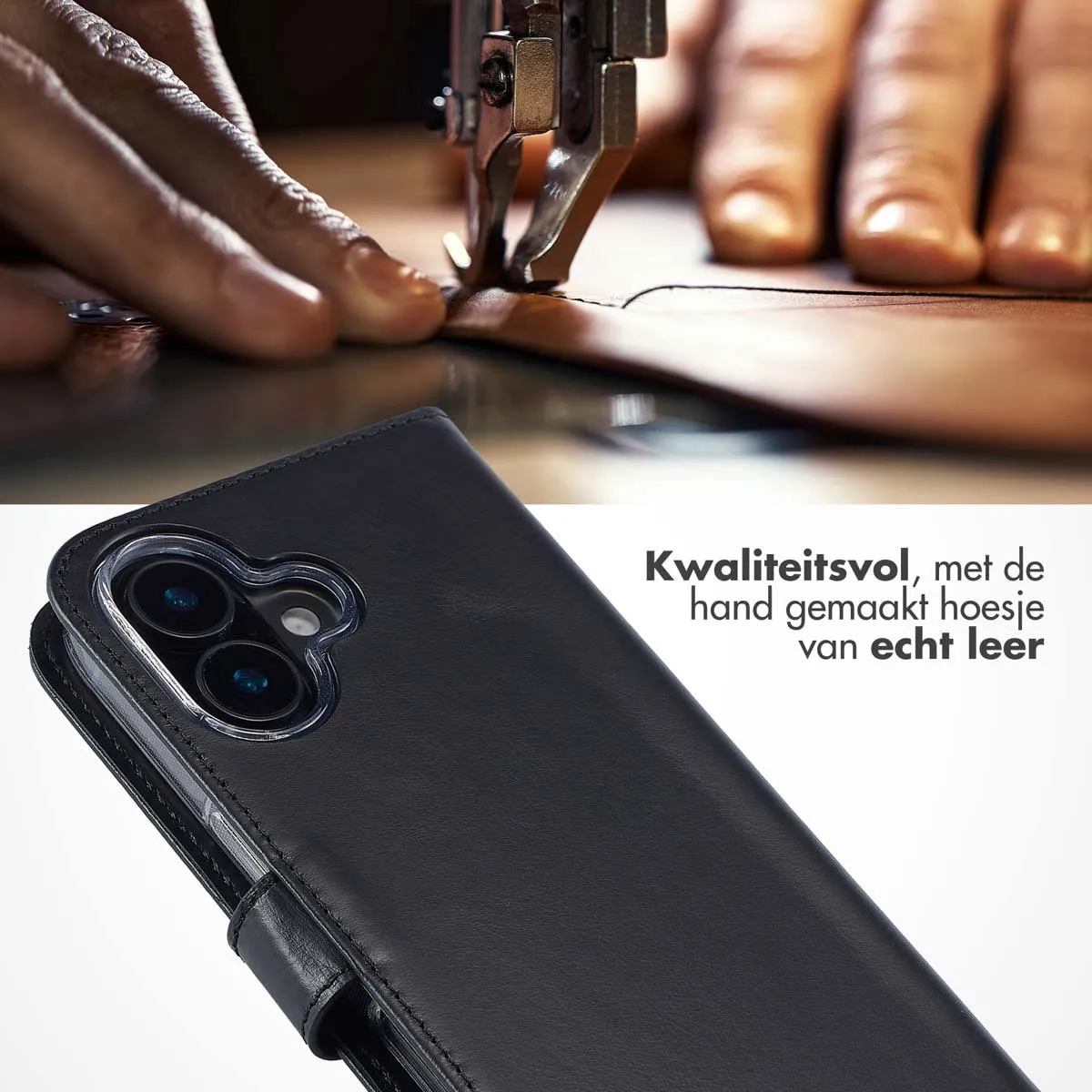 Selencia Hoesje iPhone 16 Plus - Echt Lederen Bookcase 3 Pasjes - Zwart