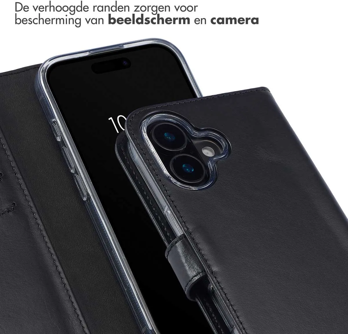 Selencia Hoesje iPhone 16 Plus - Echt Lederen Bookcase 3 Pasjes - Zwart