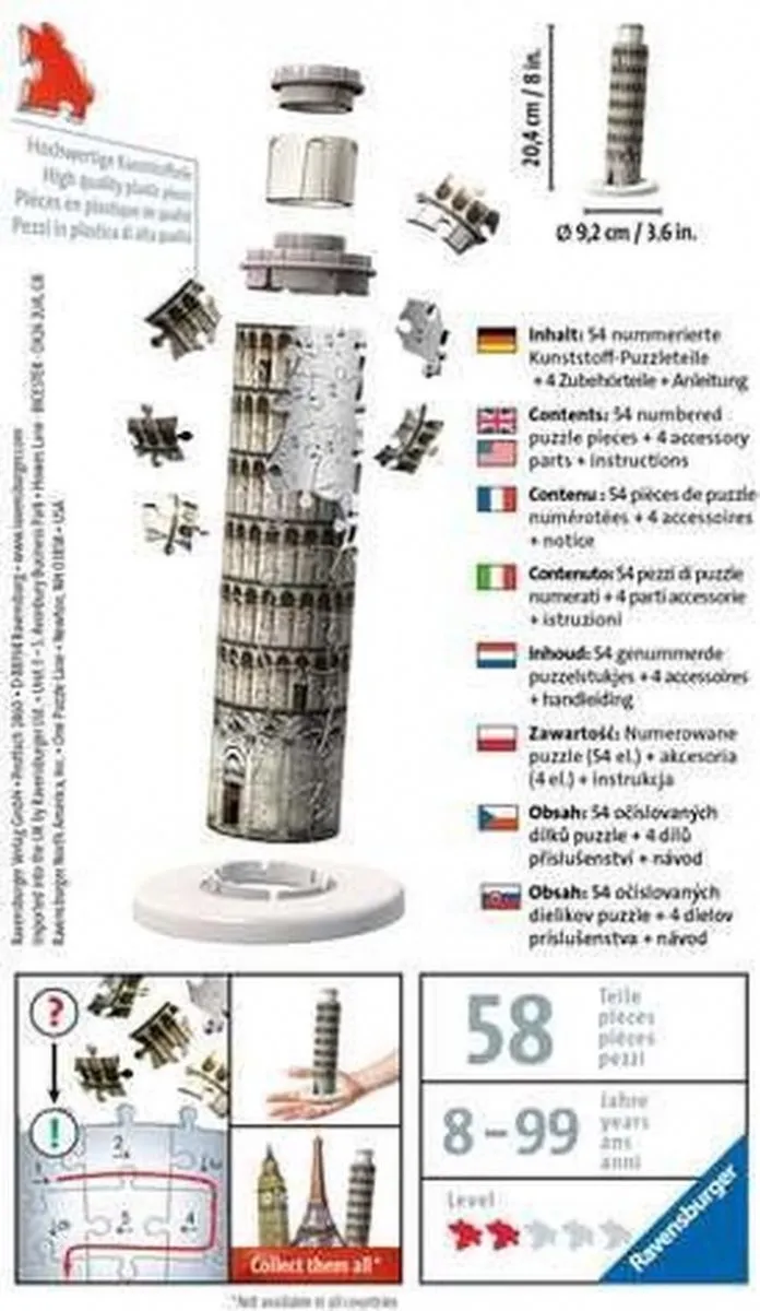 Ravensburger Mini Schiefer Turm Pisa 3D Puzzel - 60 Stuks