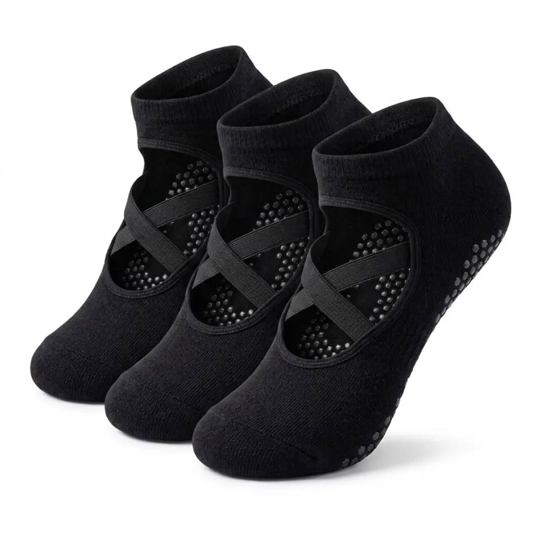 Zwart antislip pilates sokken dames 3 paar ademende ballet sokken met kruiselast