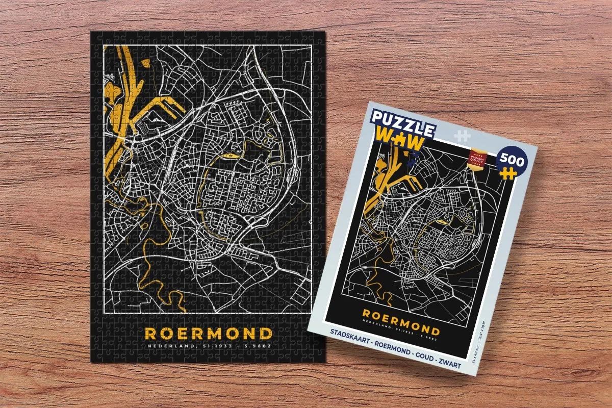 PuzzleWow Stadskaart Roermond Legpuzzel 500 Stuks - Goud/Zwart