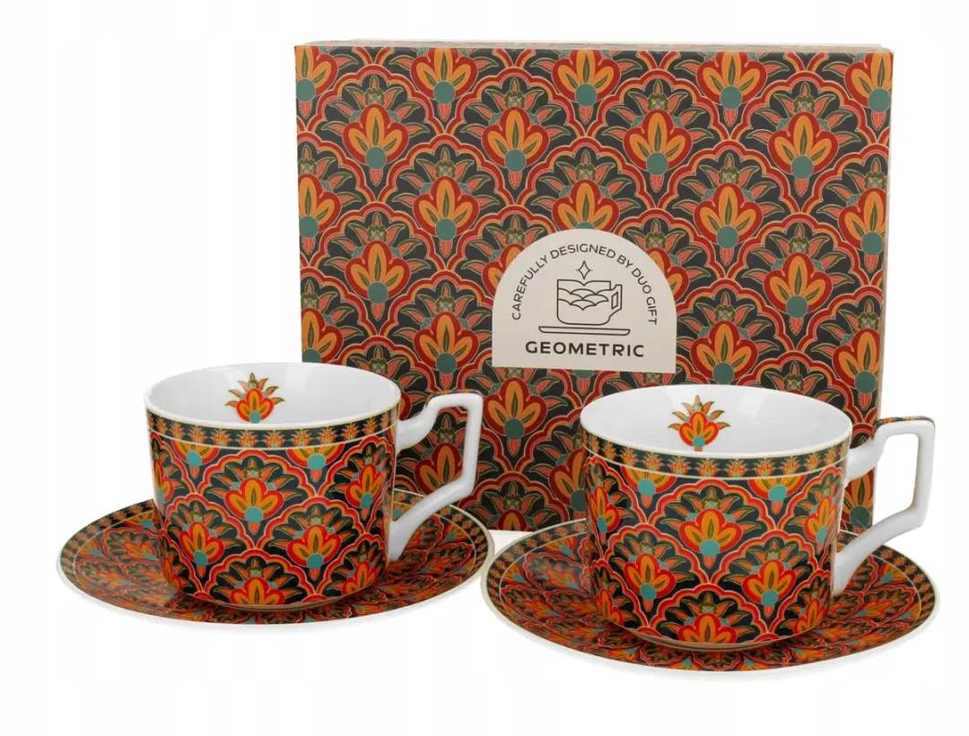 FESTUM Geometrische Porseleinen Kopjes met Schotels (2 stuks, 250ml)
