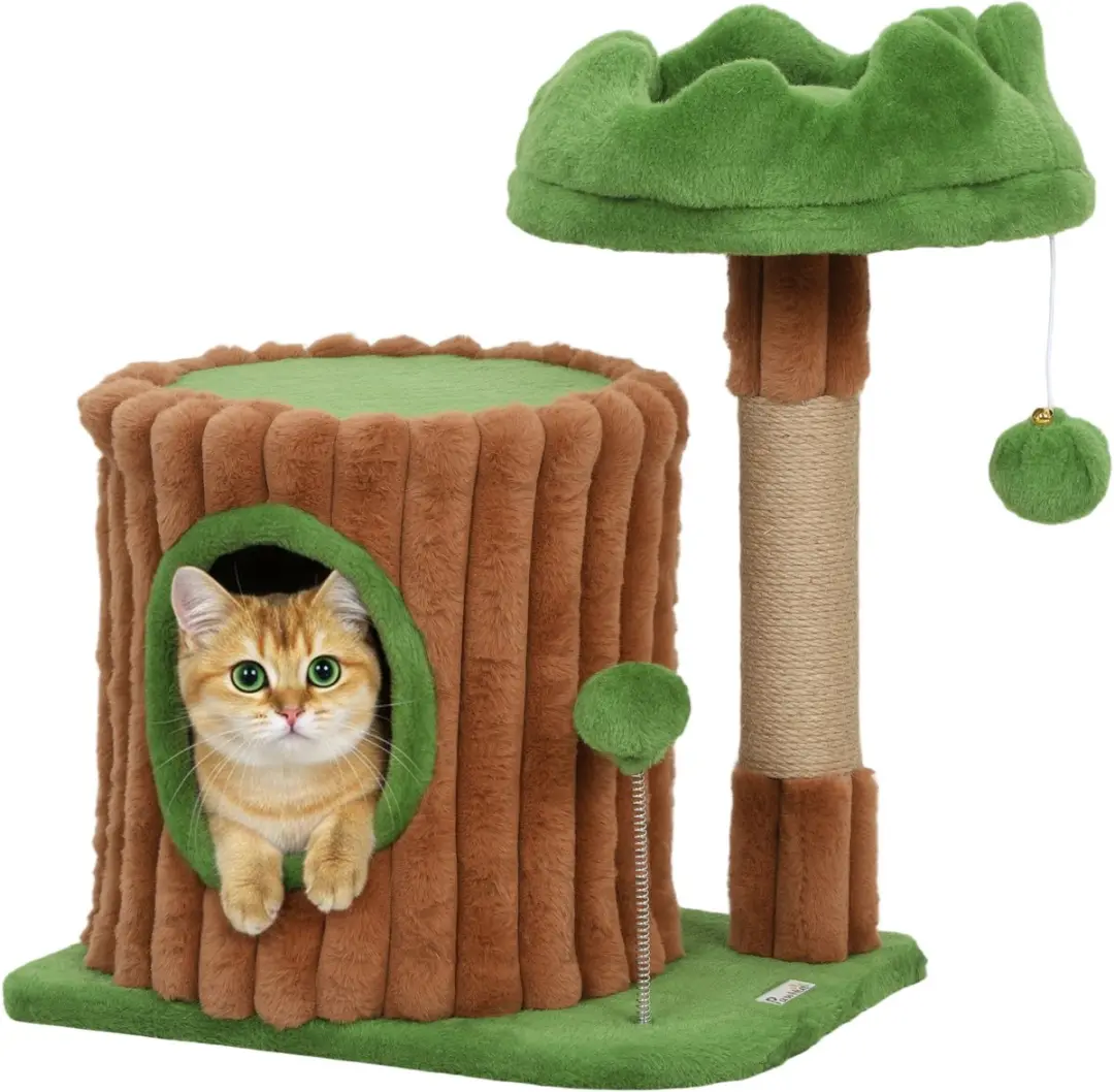 PawHut Cat Tree-Spanplatte, Plüsch-40L x 30B x 53H cm-Braun+Grün