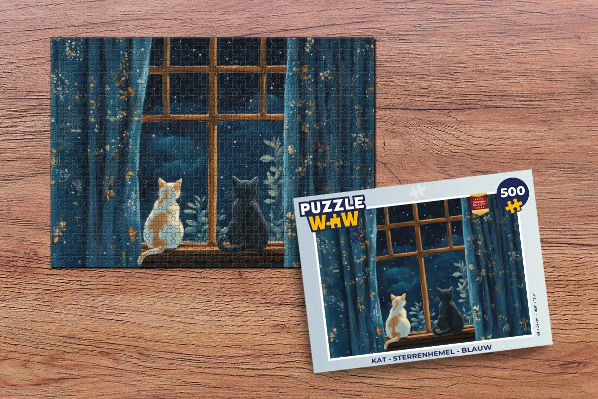 PuzzleWow Kat Sterrenhemel Legpuzzel 500 Stuks - Blauw