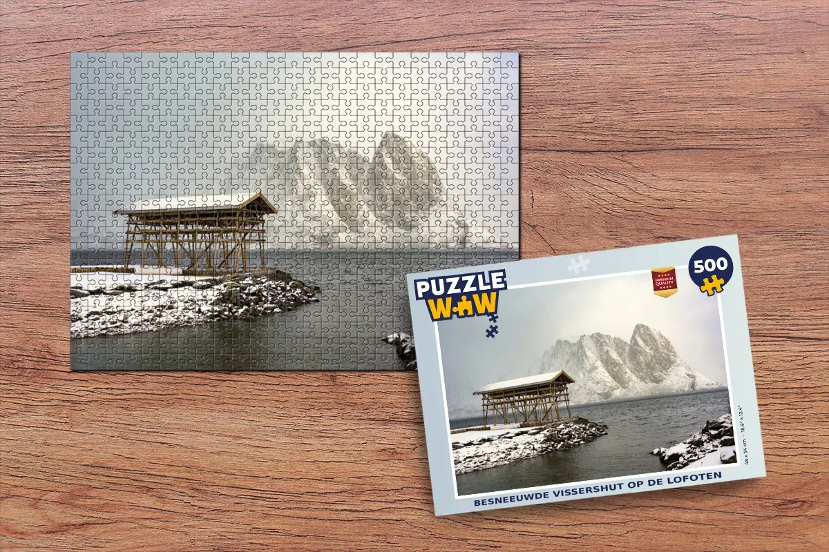 PuzzleWow Besneeuwde Vissershut Lofoten Legpuzzel 500 Stuks - Multicolor