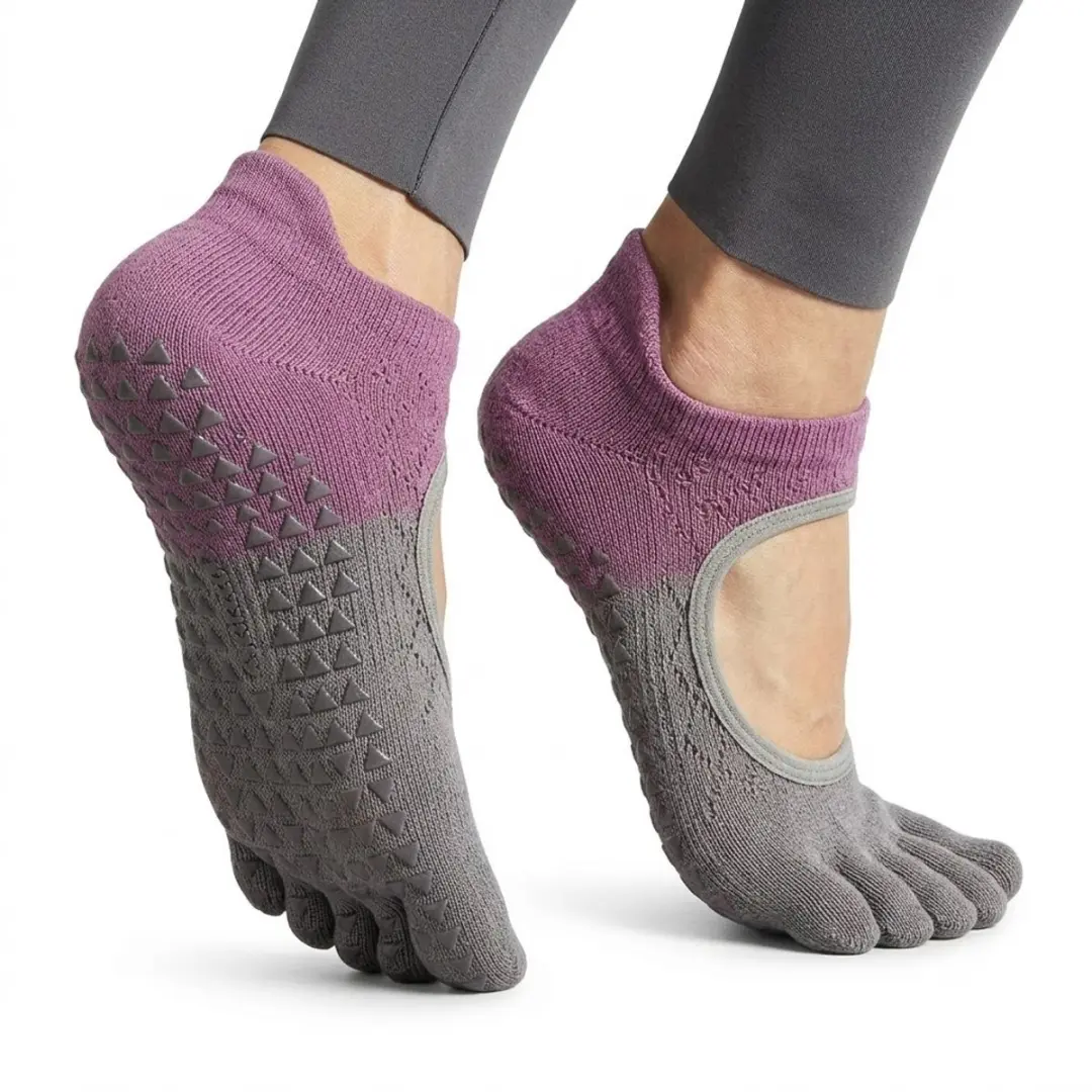 Paars grijs antislip pilates sokken dames ademende vijf tenen sokken met open hi
