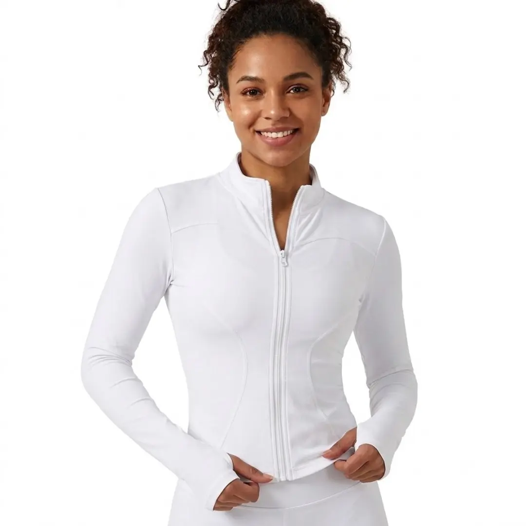 Witte sport jas dames slim fit volledige rits fitness jas yoga jas pilates trui