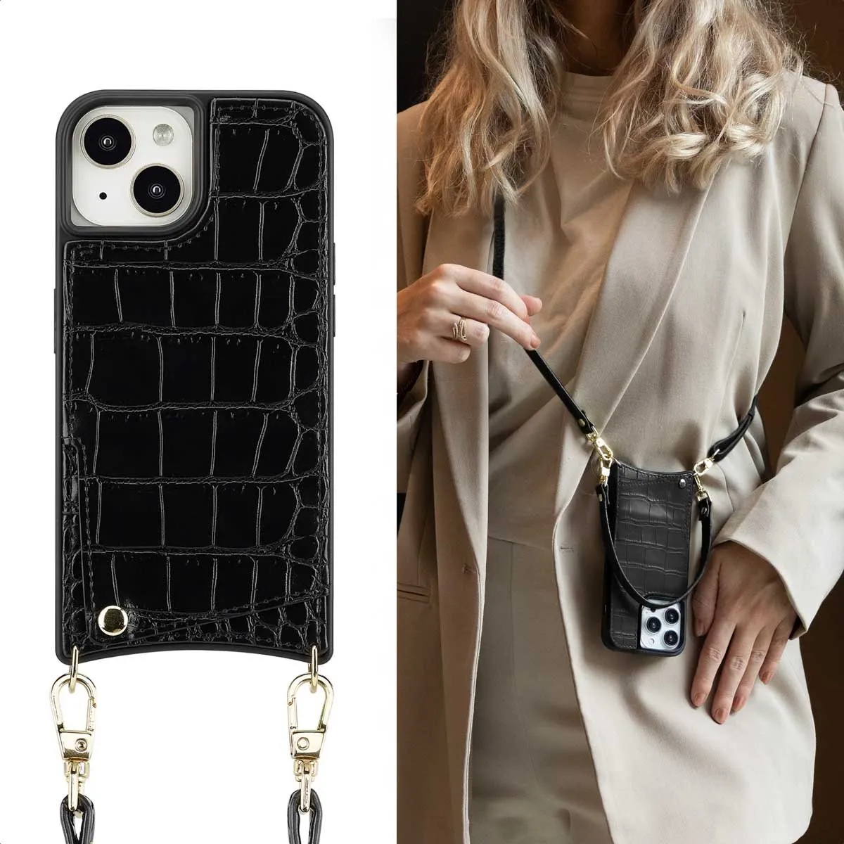 Selencia Hoesje iPhone 15 Croco Backcover - Zwart