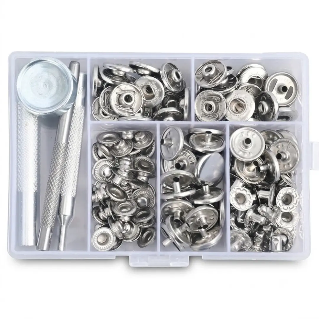 Zilverkleurige drukknopen set 15 mm voor kleding en stof