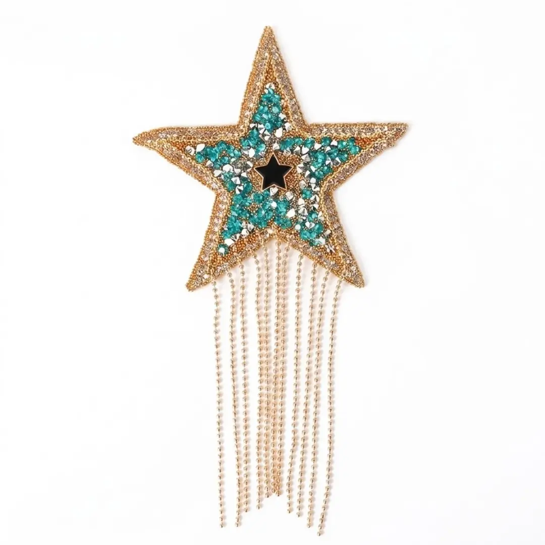 Goudkleurige ster patches stofapplicatie met turquoise strass en franjes 1 stuk