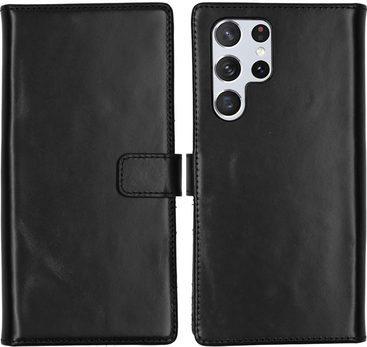 Selencia Hoesje Samsung Galaxy S22 Ultra Echt Lederen Bookcase - 3 Pasjes - Zwart