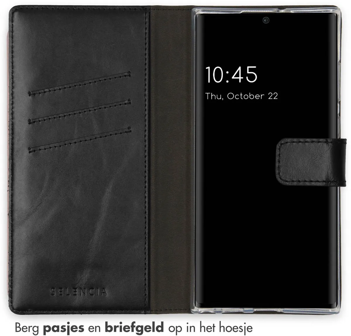 Selencia Hoesje Samsung Galaxy S22 Ultra Echt Lederen Bookcase - 3 Pasjes - Zwart