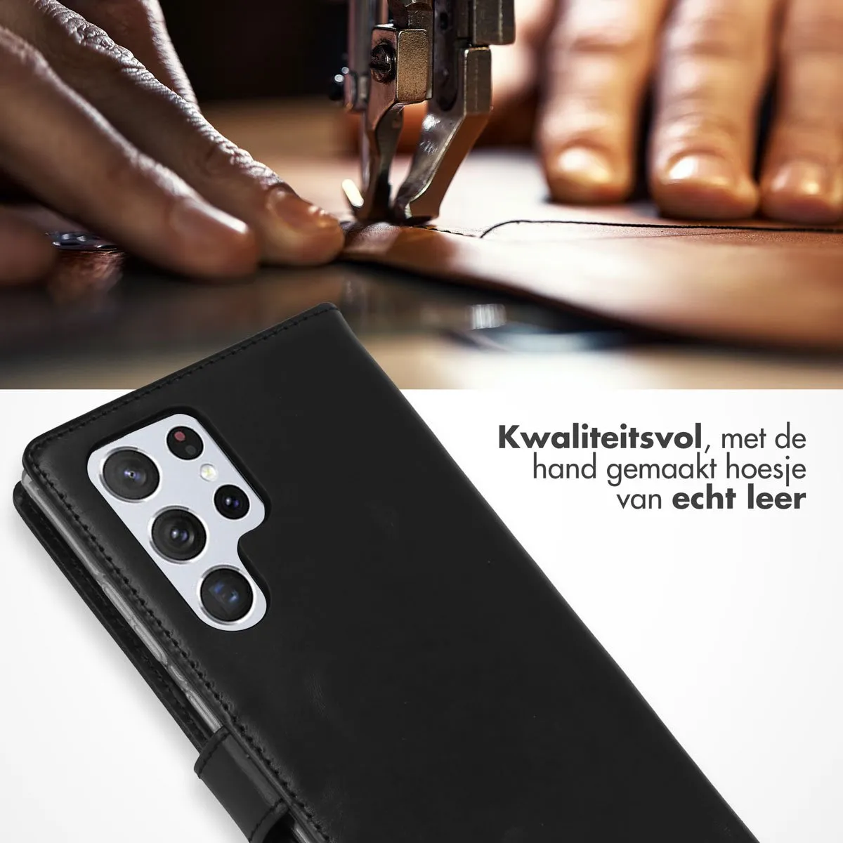 Selencia Hoesje Samsung Galaxy S22 Ultra Echt Lederen Bookcase - 3 Pasjes - Zwart