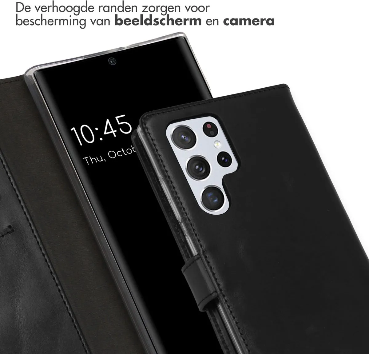 Selencia Hoesje Samsung Galaxy S22 Ultra Echt Lederen Bookcase - 3 Pasjes - Zwart