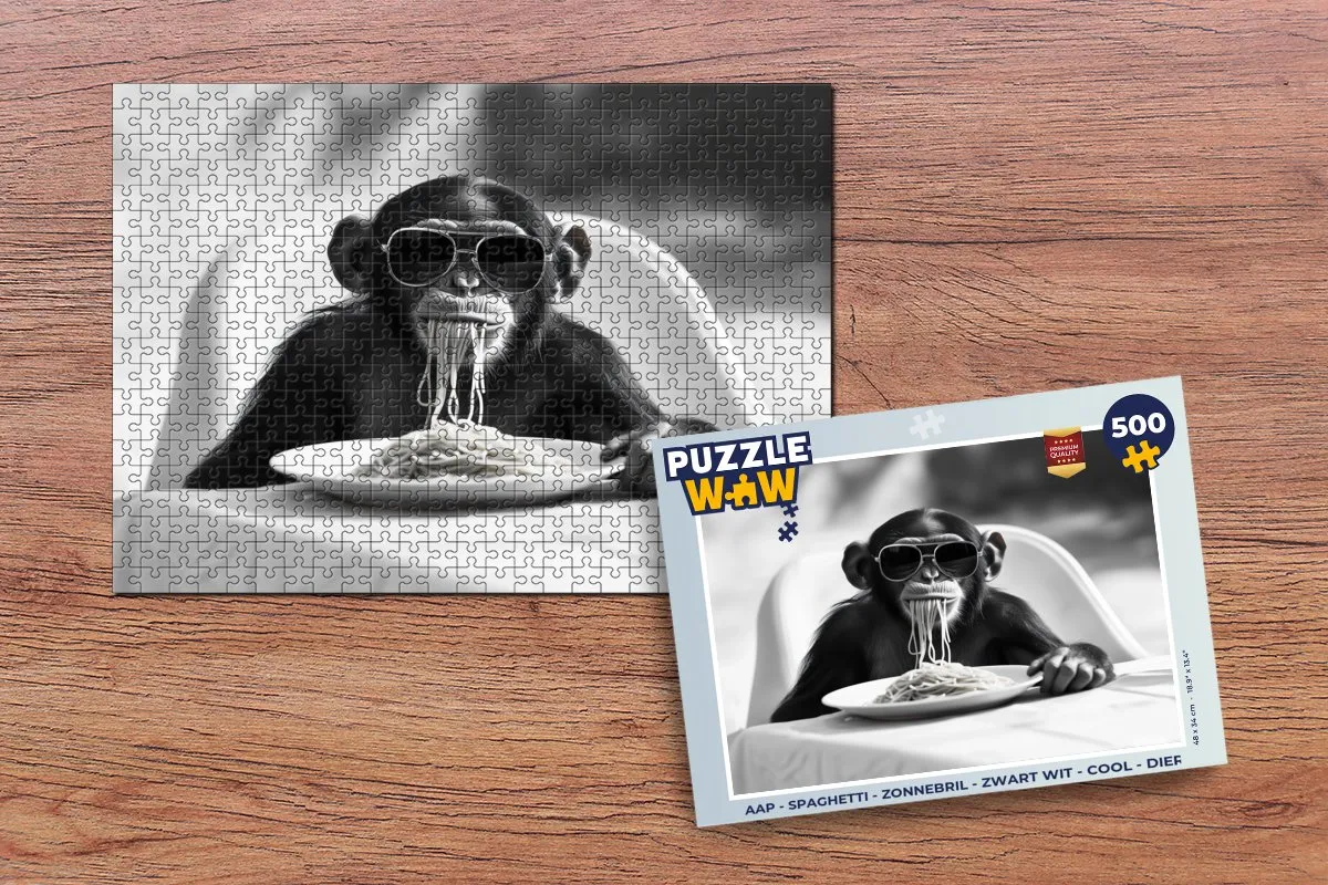 PuzzleWow Aap Spaghetti Legpuzzel 500 Stuks - Zwart/Wit