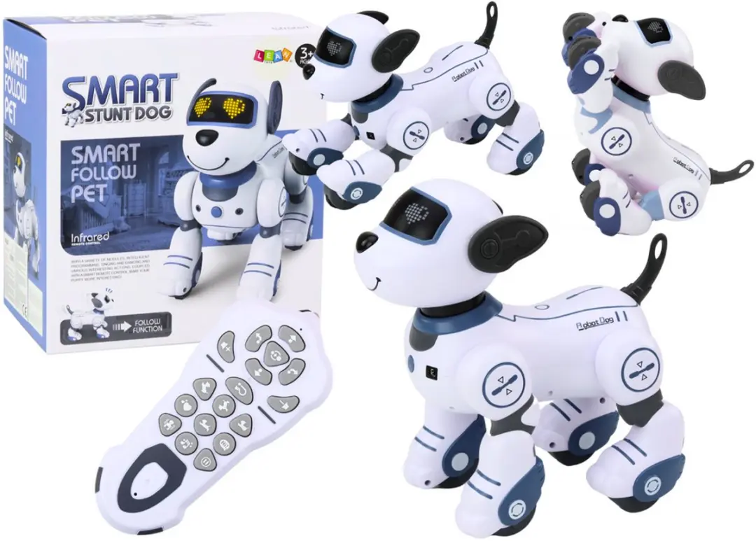 Op afstand bestuurbare interactieve robothond die danst volgt opdrachten blauw