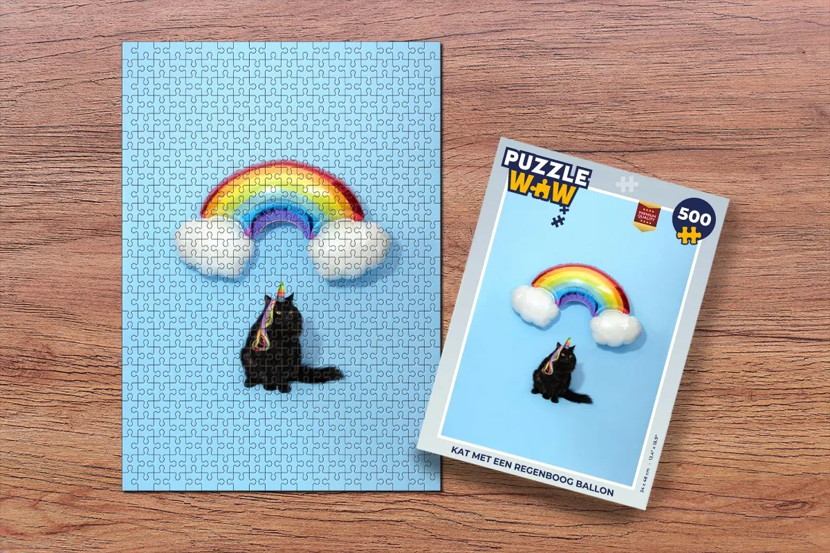 PuzzleWow Legpuzzel Kat met Regenboogballon 500 Stuks - Multicolor