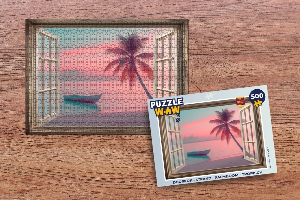 PuzzleWow Legpuzzel 500 Stuks - Strand Palmboom Roze