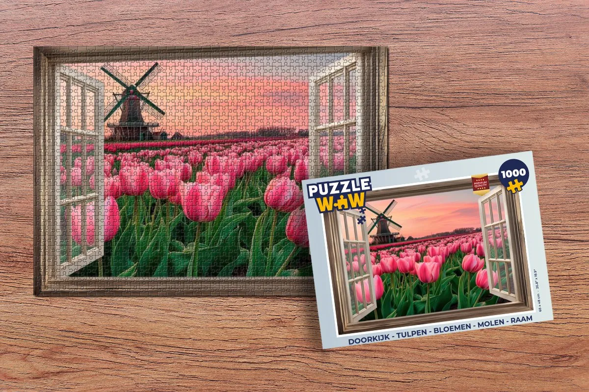 PuzzleWow Doorkijk Tulpen Legpuzzel 1000 Stuks - Roze