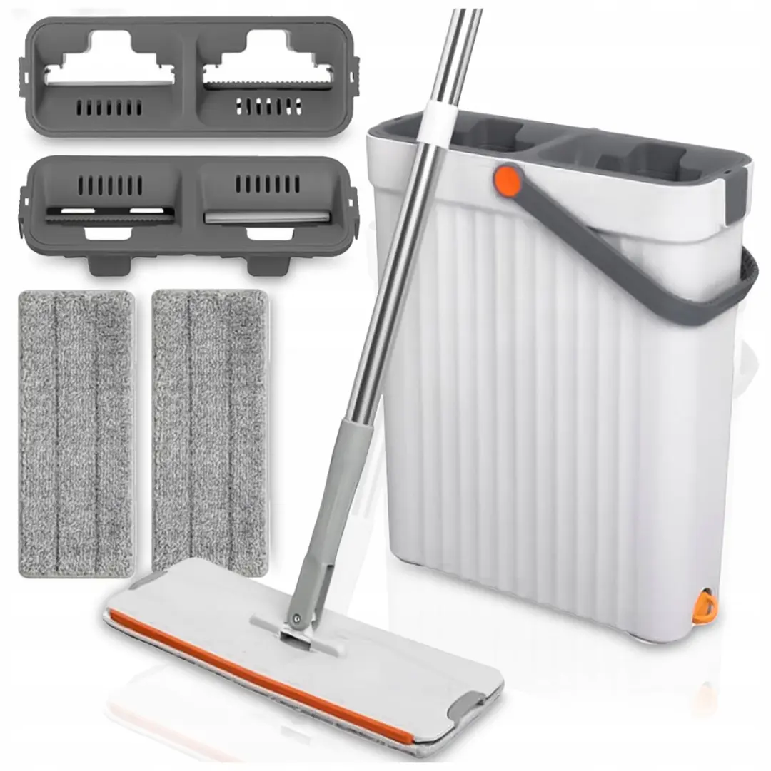 Mop Plat Set met Emmer, Wringer & 3 Doeken