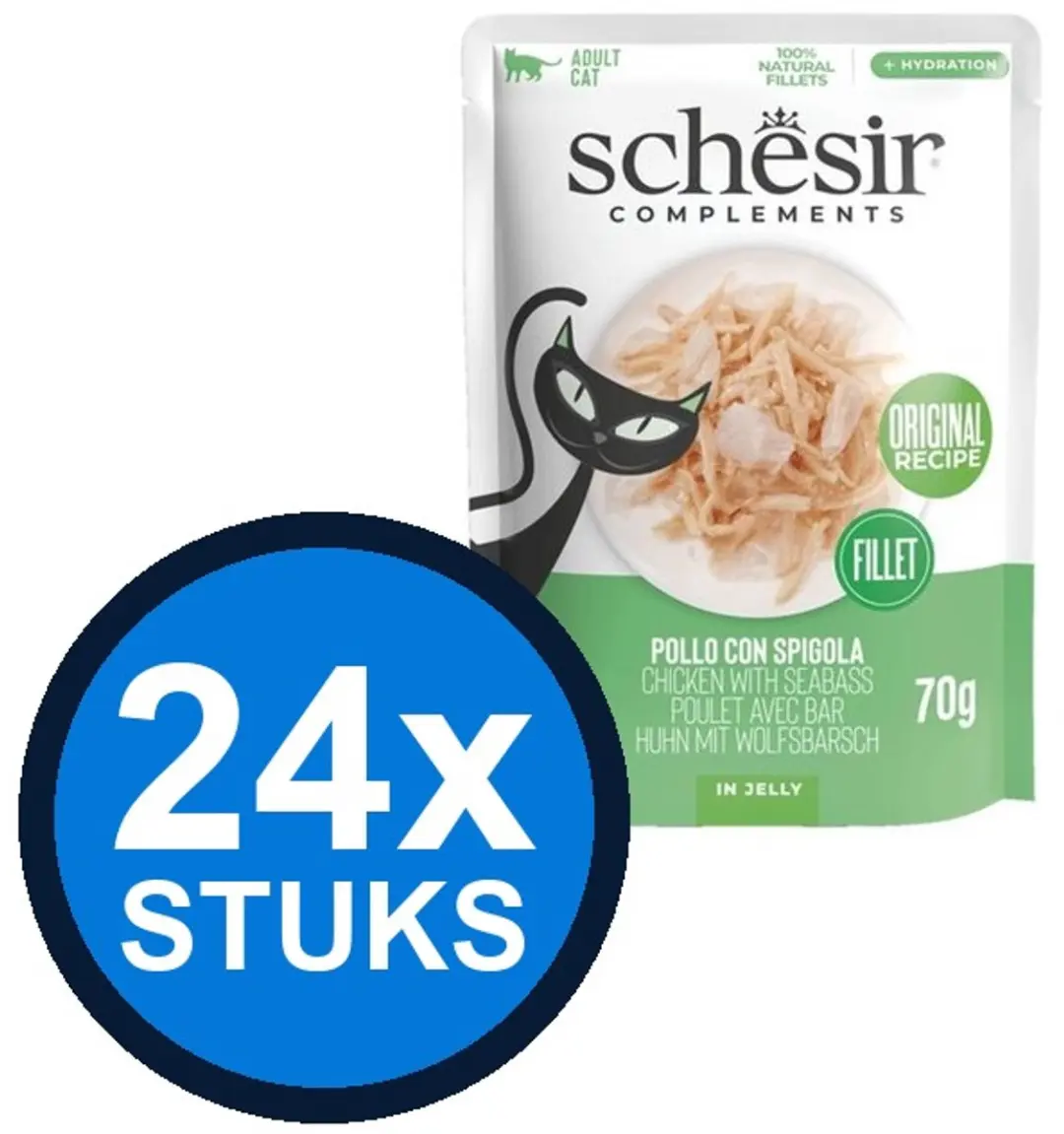 24x Schesir Complementary kat pouch gelei kip&zeebaars 70gr