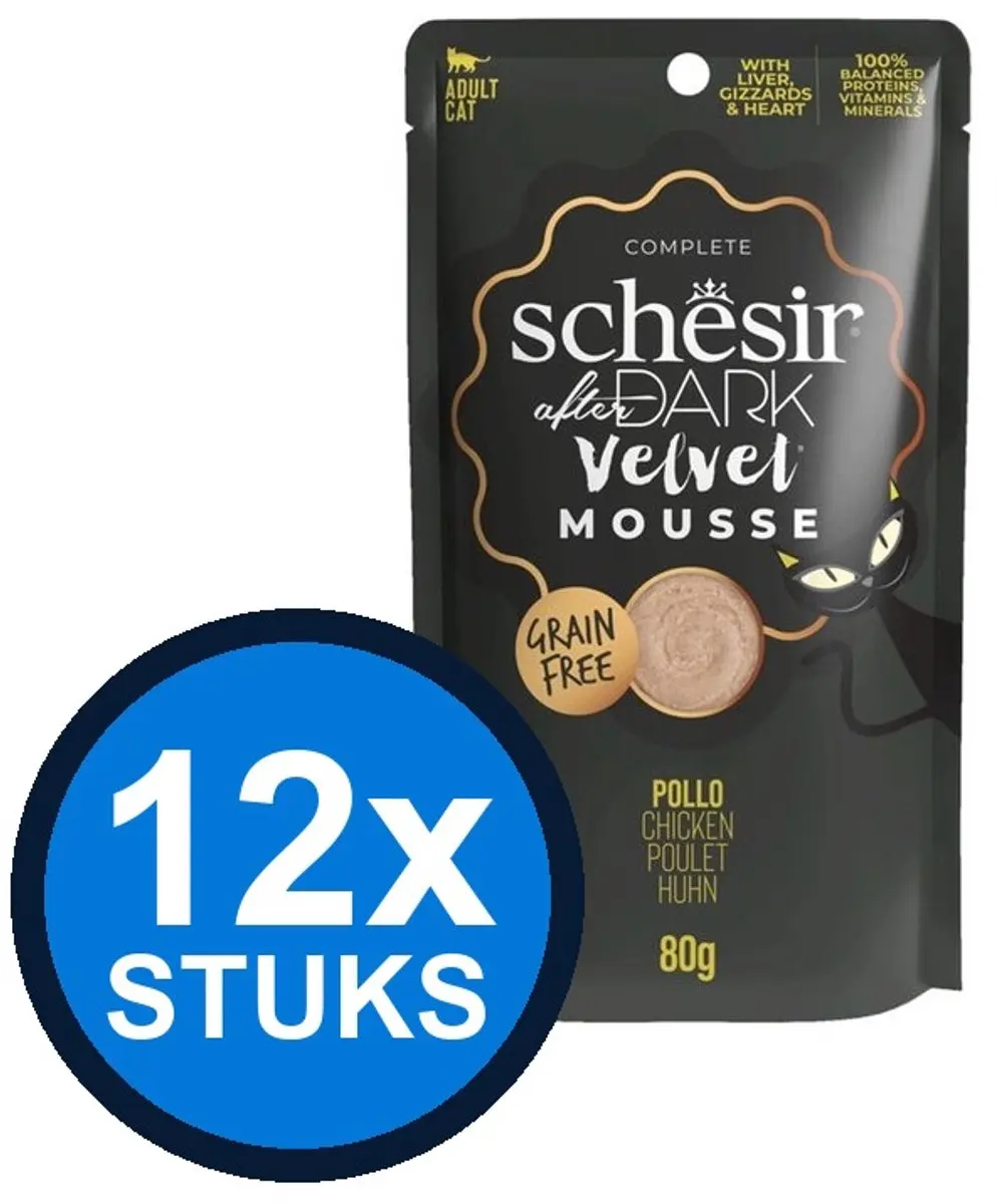 12x Schesir After Dark velvet kat pouch mousse kip 80gr