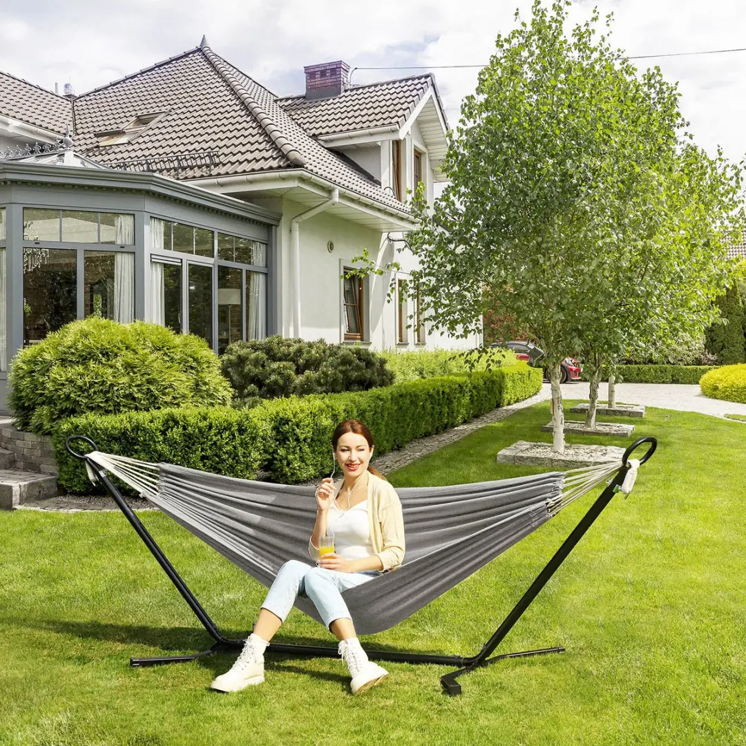 Songmics Hangmat met frame 210x150cm - 240kg - Zwart/Grijs - afbeelding 5 van 6