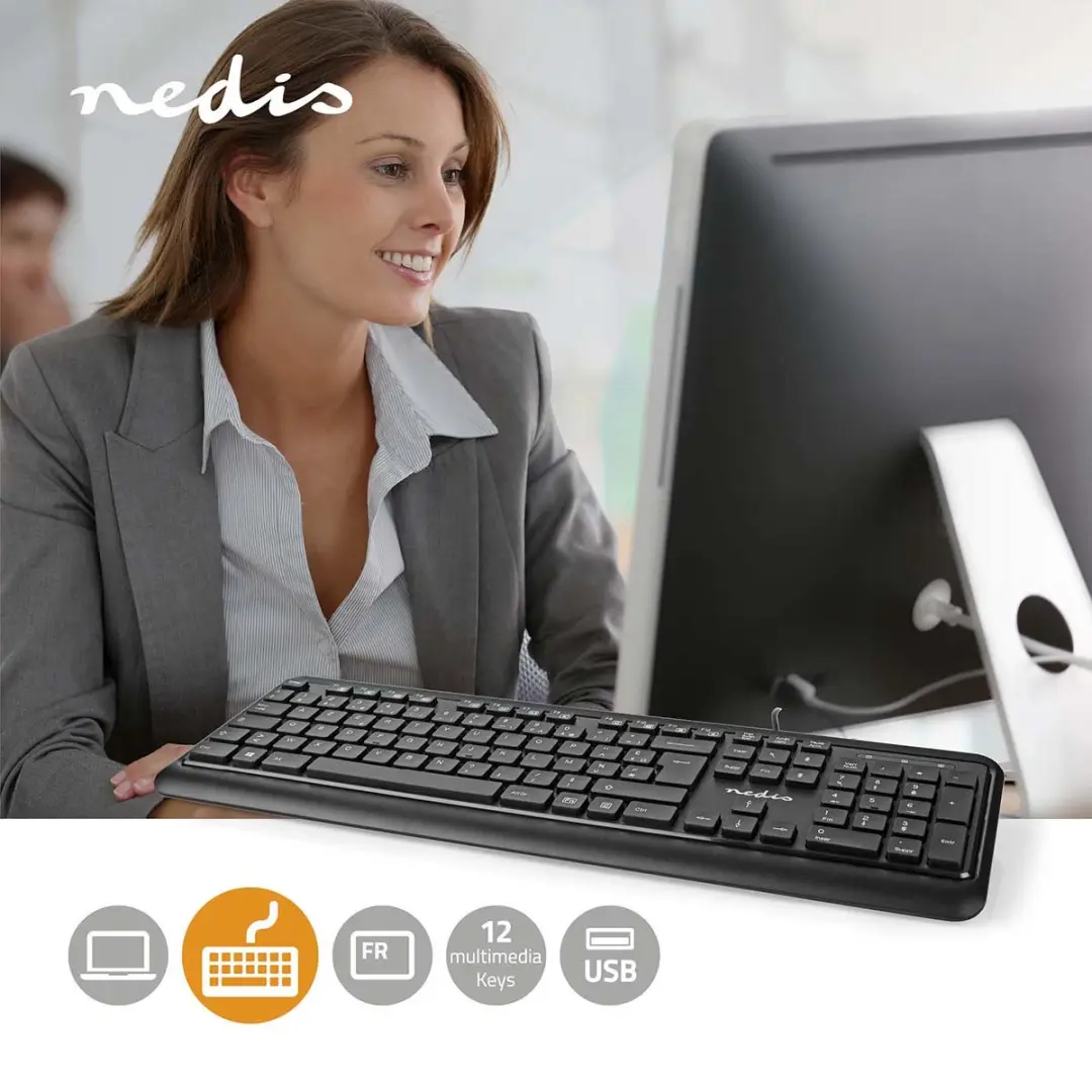 Nedis KBMU200BKFR Toetsenbord - AZERTY Frans - Bedraad - Zwart